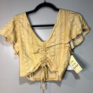 Live to be Spoiled Mustard Yellow Boho Cropped Scrunched Tie Crop Top NWT